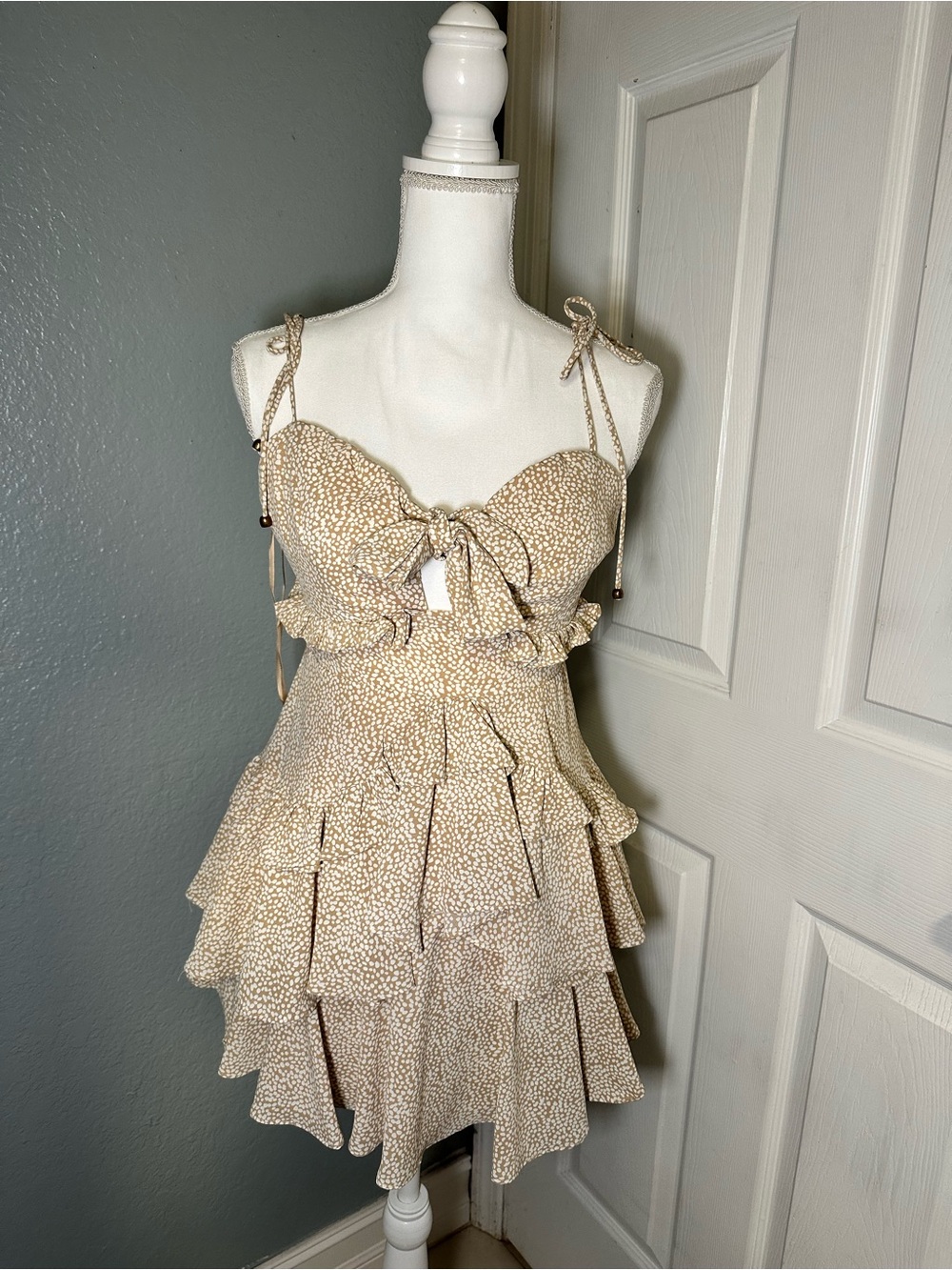 Mable Tie-Front Cream Mini Dress with Ruffle Tiers